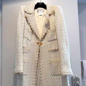 CHANEL Long Off-White Tweed Longline Fringed Tweed Jacket  – S/S 2005